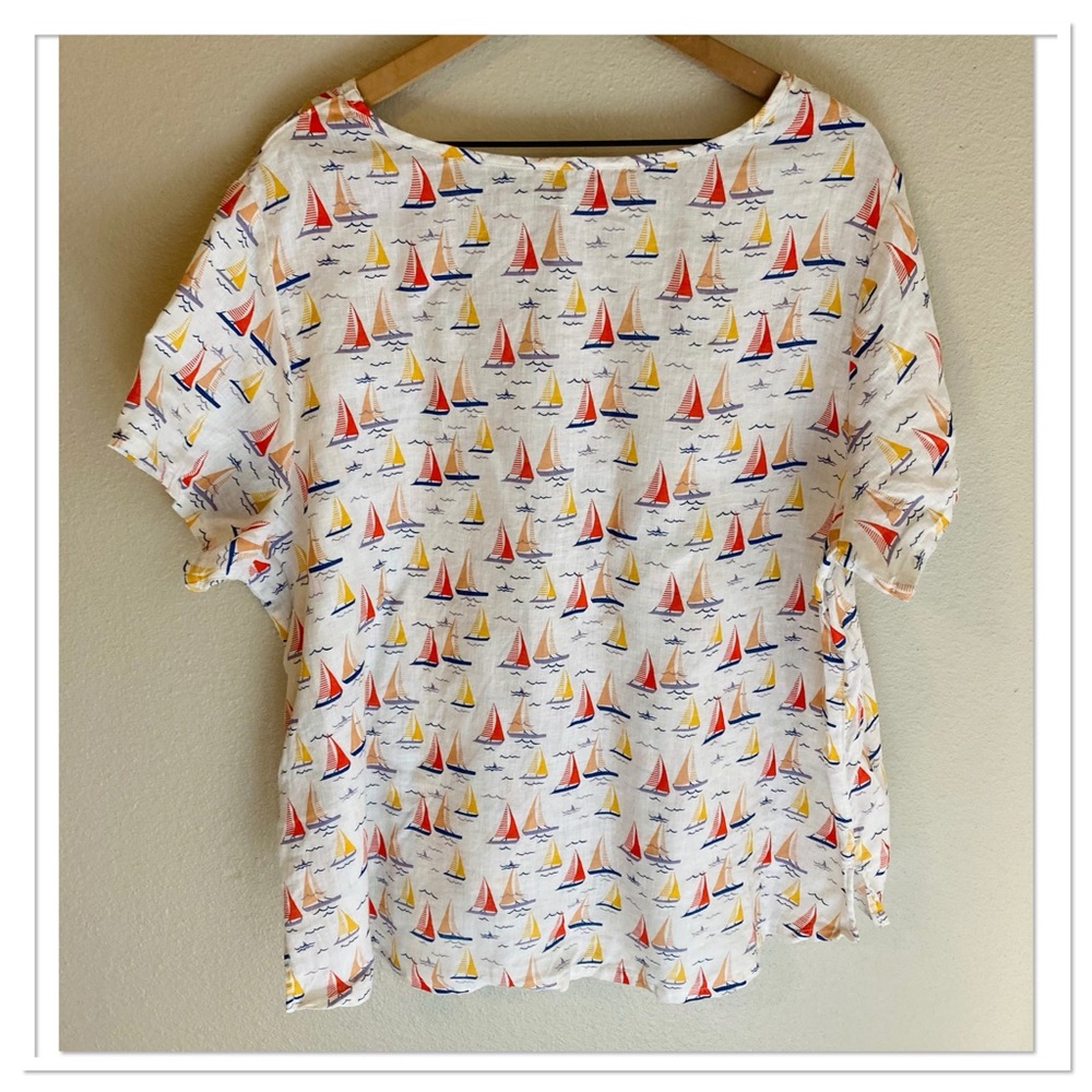 Cynthia Rowley Linen Sailboat Blouse Short Sleeve Red Blue Size 2X - Picture 2 of 5